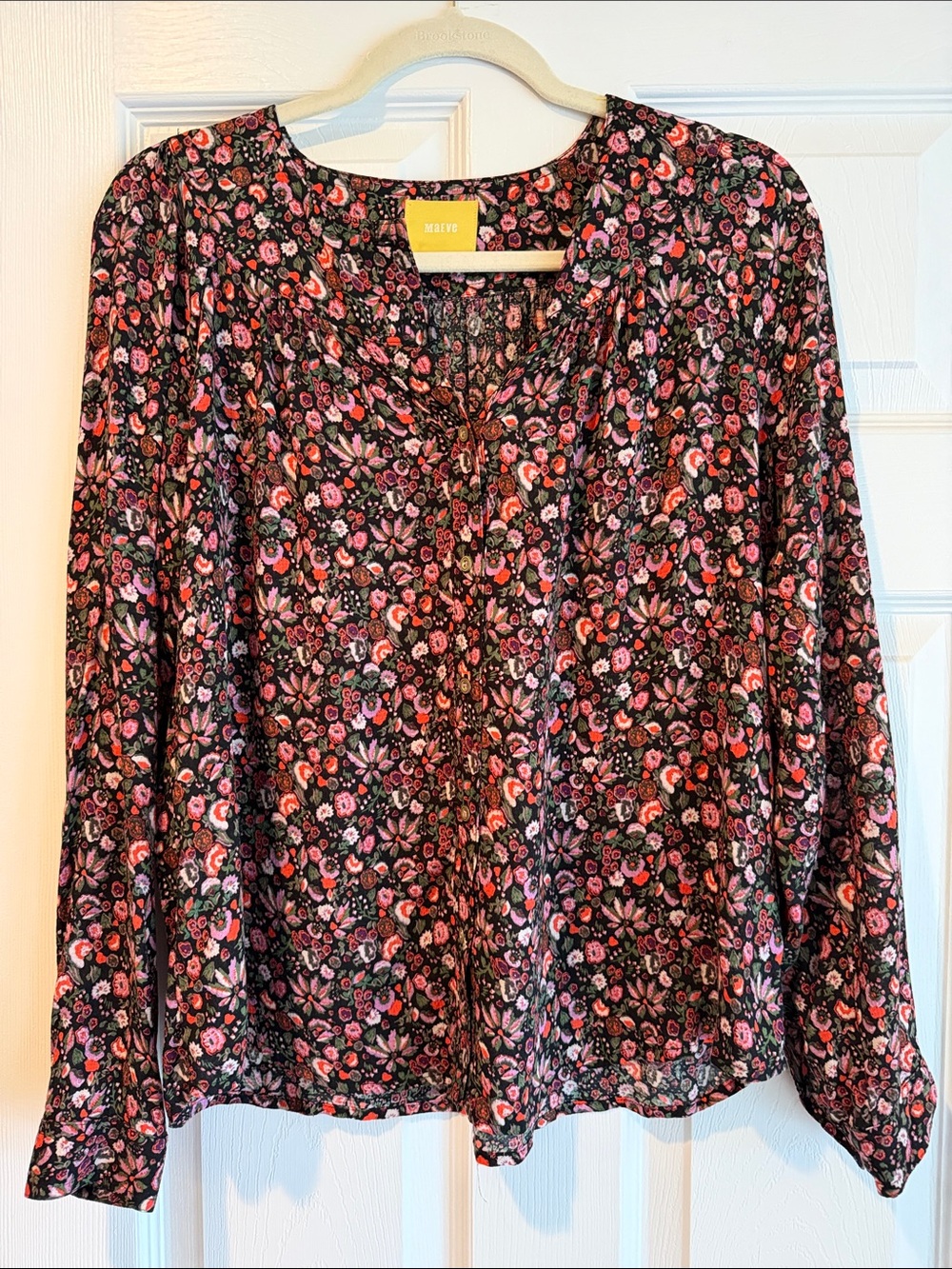 Maeve Black Floral Blouse with Pink & Red Accents